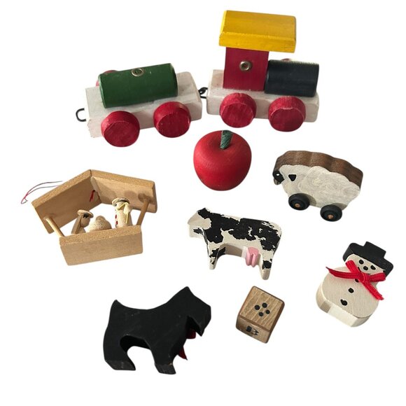 Lot of 9 Vtg Wooden Xmax Décor • Manger Scene, Snowman, Scottie Dog, Farm animal - Picture 1 of 6